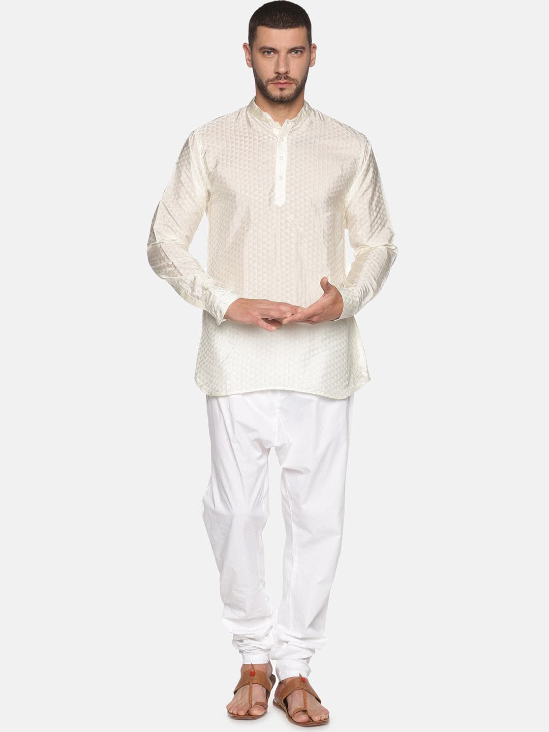 Men Cream Colour Art Silk Kurta Pyjama Set