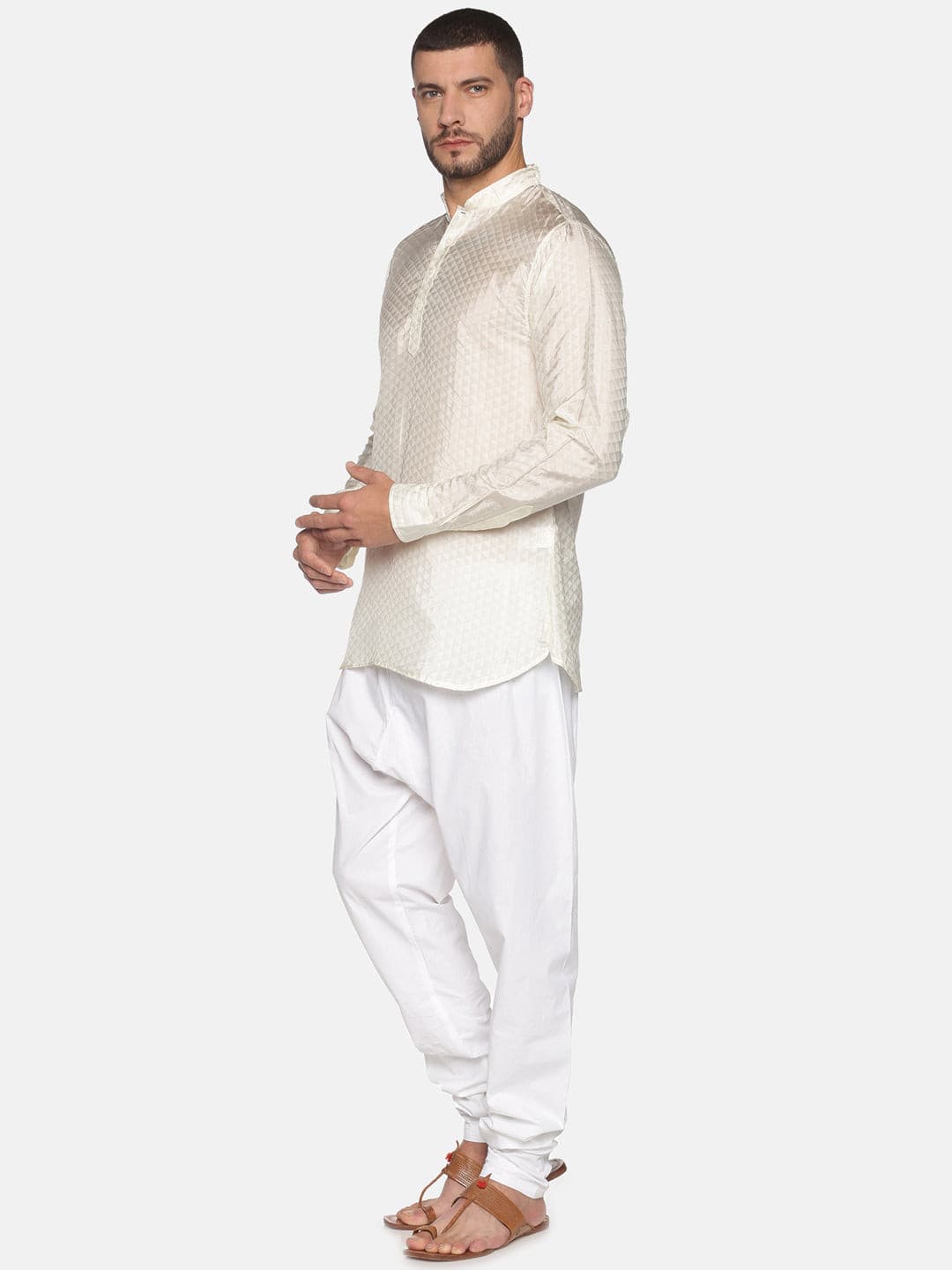 Men Cream Colour Art Silk Kurta Pyjama Set.