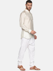 Men Cream Colour Art Silk Kurta Pyjama Set.