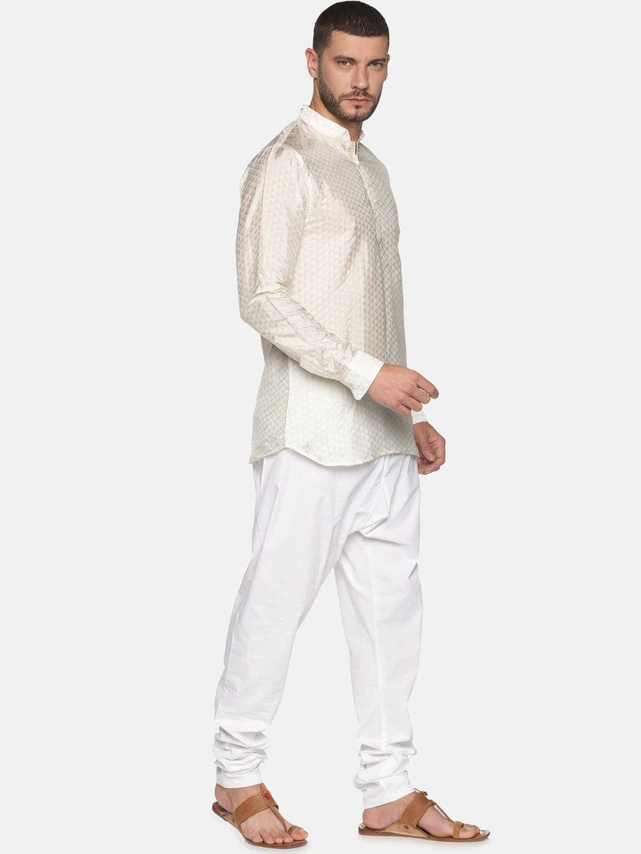 Men Cream Colour Art Silk Kurta Pyjama Set.