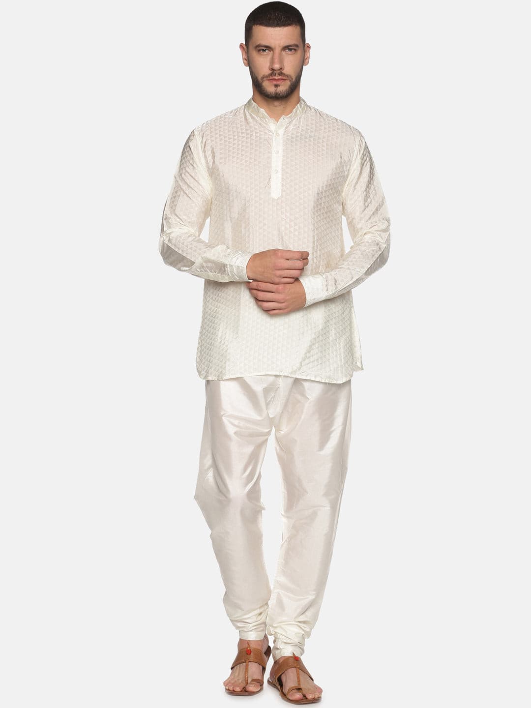 Men Cream Colour Art Silk Kurta Pyjama Set