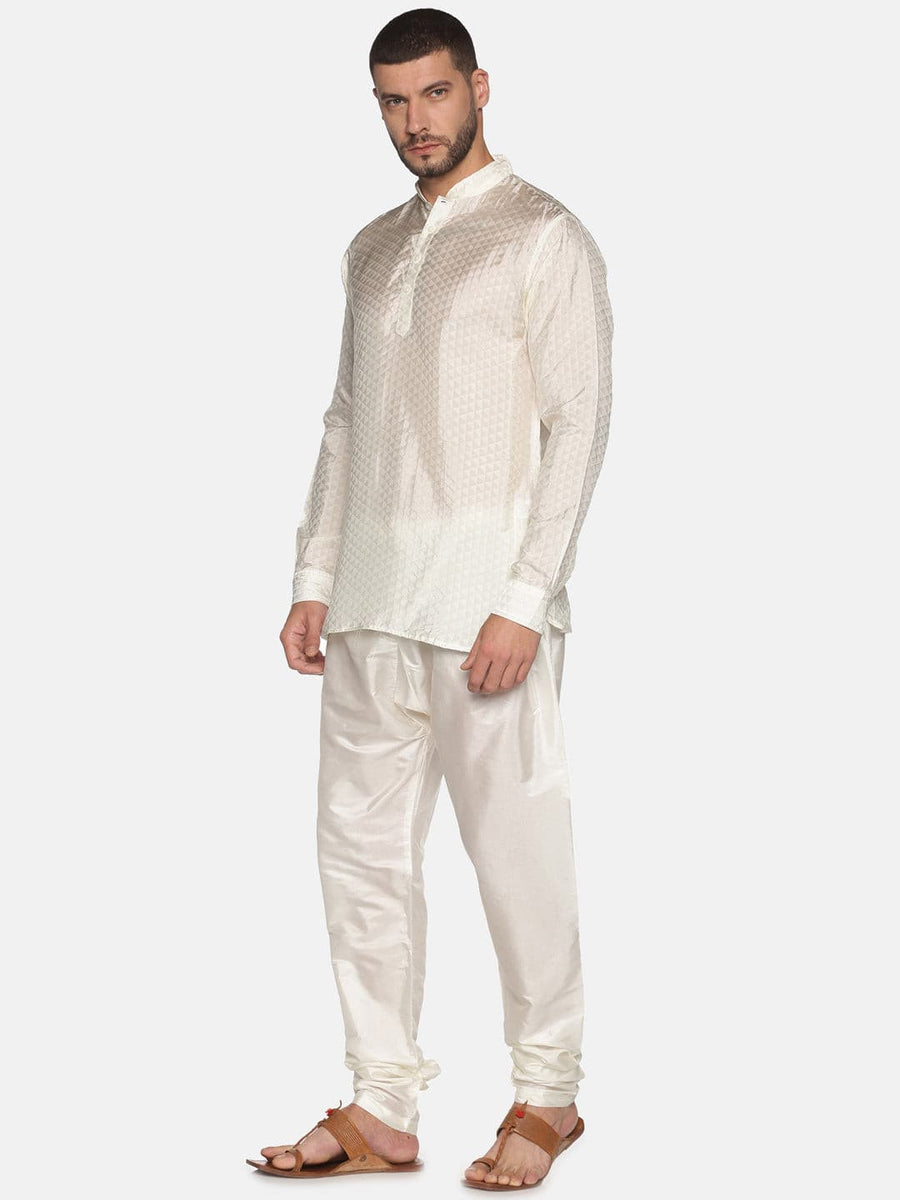 Men Cream Colour Art Silk Kurta Pyjama Set.