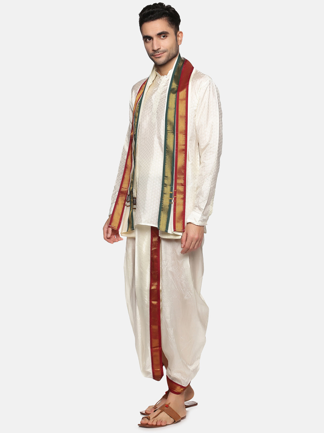 Men Off White Colour Art Silk Kurta Dhoti Pant Set