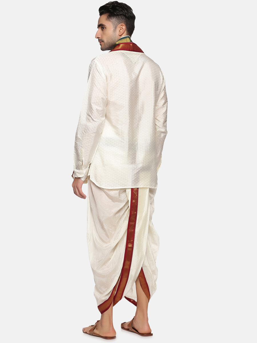 Men Off White Colour Art Silk Kurta Dhoti Pant Set