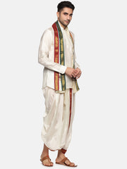 Men Off White Colour Art Silk Kurta Dhoti Pant Set