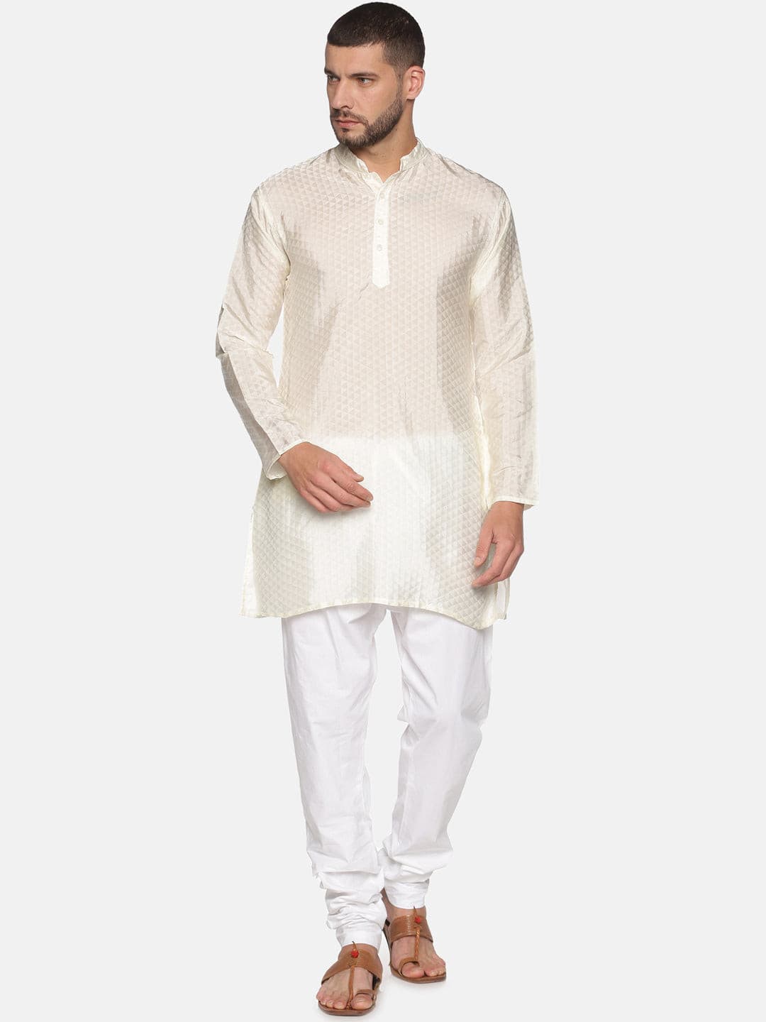 Men Cream Colour Art Silk Kurta Pyjama Set