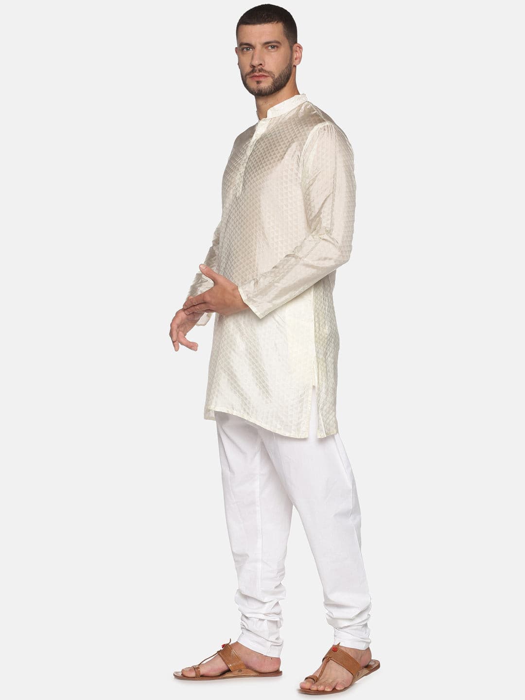 Men Cream Colour Art Silk Kurta Pyjama Set.