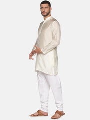 Men Cream Colour Art Silk Kurta Pyjama Set.