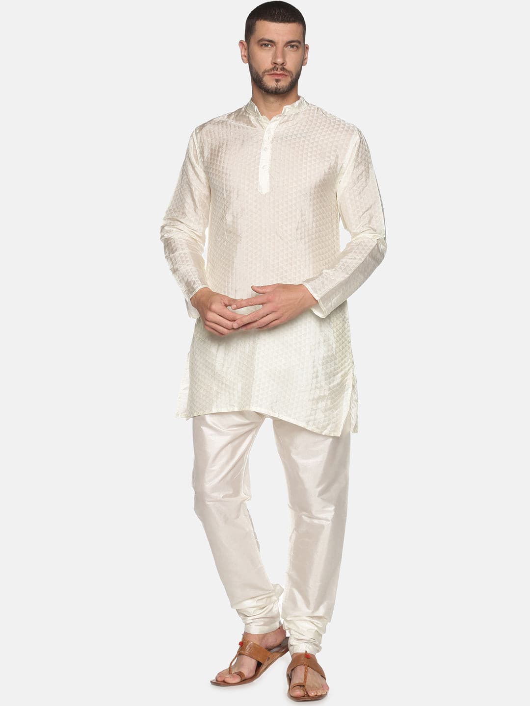 Men Cream Colour Art Silk Kurta Pyjama Set