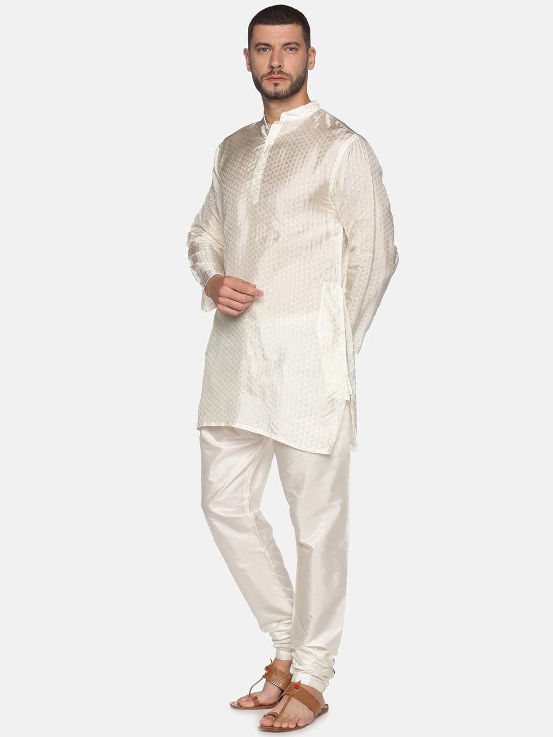 Men Cream Colour Art Silk Kurta Pyjama Set.