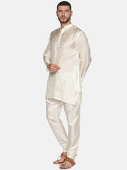 Men Cream Colour Art Silk Kurta Pyjama Set.