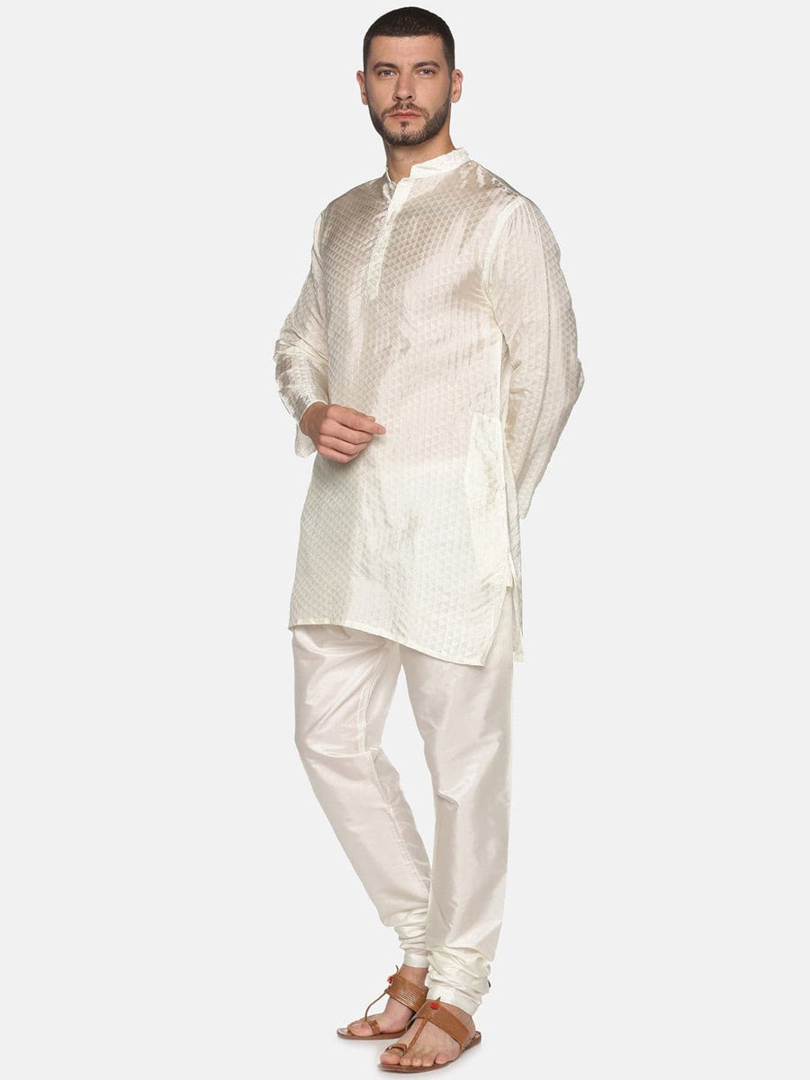 Men Cream Colour Art Silk Kurta Pyjama Set.