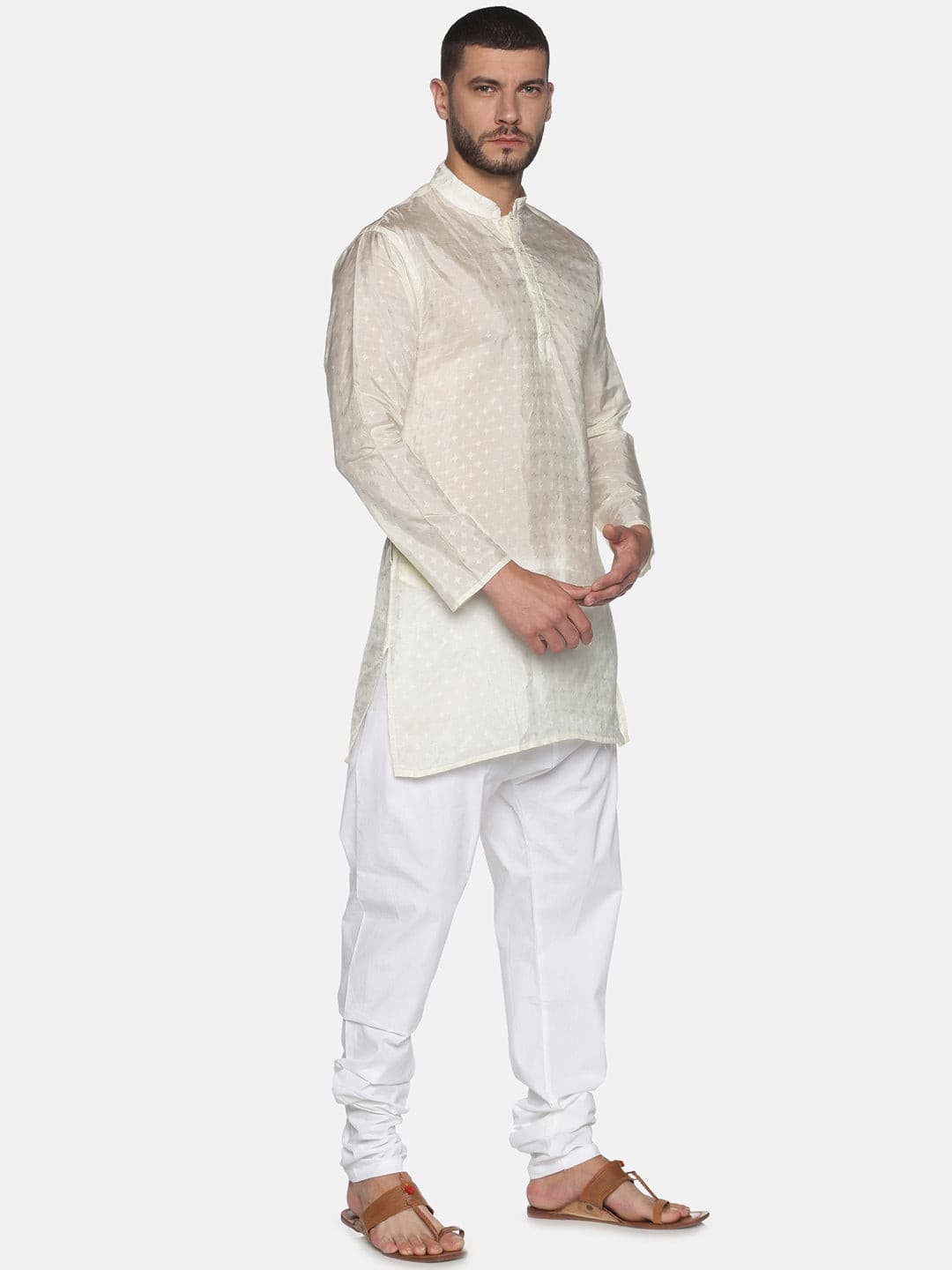 Men Cream Colour Art Silk Kurta Pyjama Set.