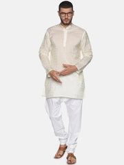 Men Cream Colour Art Silk Kurta Pyjama Set.