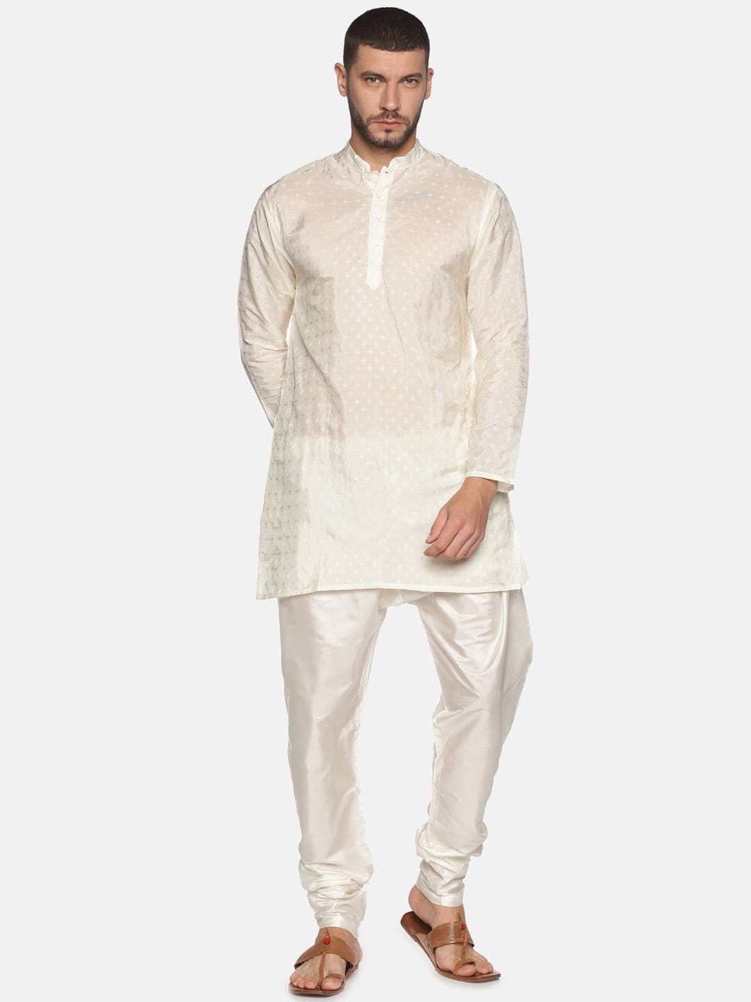 Men Cream Colour Art Silk Kurta Pyjama Set