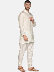 Men Cream Colour Art Silk Kurta Pyjama Set.