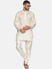 Men Cream Colour Art Silk Kurta Pyjama Set.