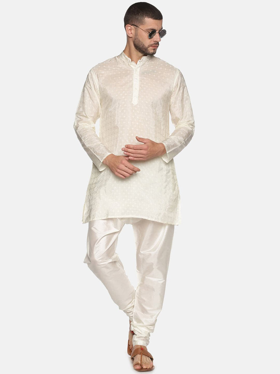 Men Cream Colour Art Silk Kurta Pyjama Set.