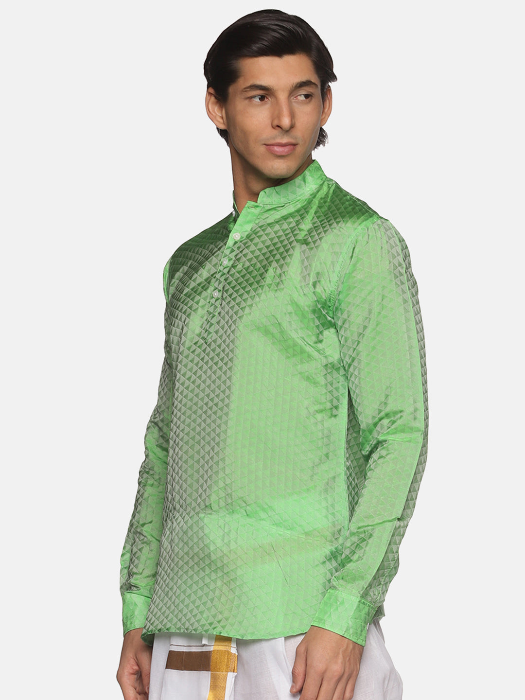 Men Jacquard Art Silk Green Colour Short Kurta.