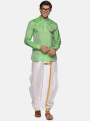 Men Jacquard Art Silk Green Colour Short Kurta.