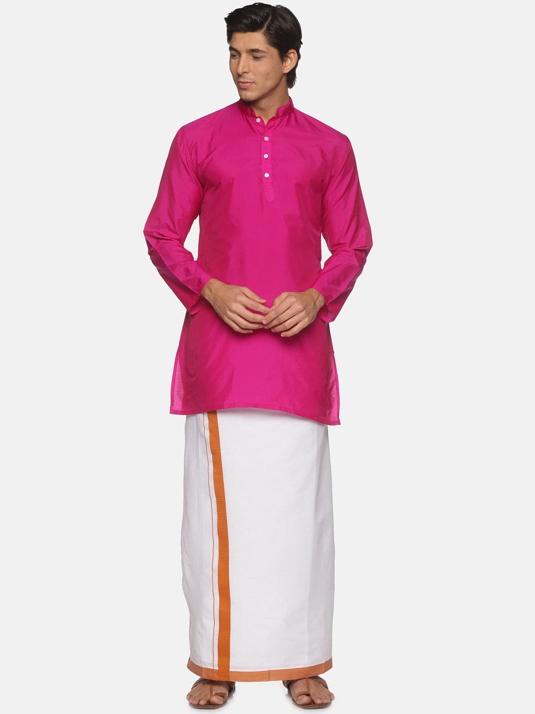 Men Magenta Colour Polyester Kurta Dhoti  Set