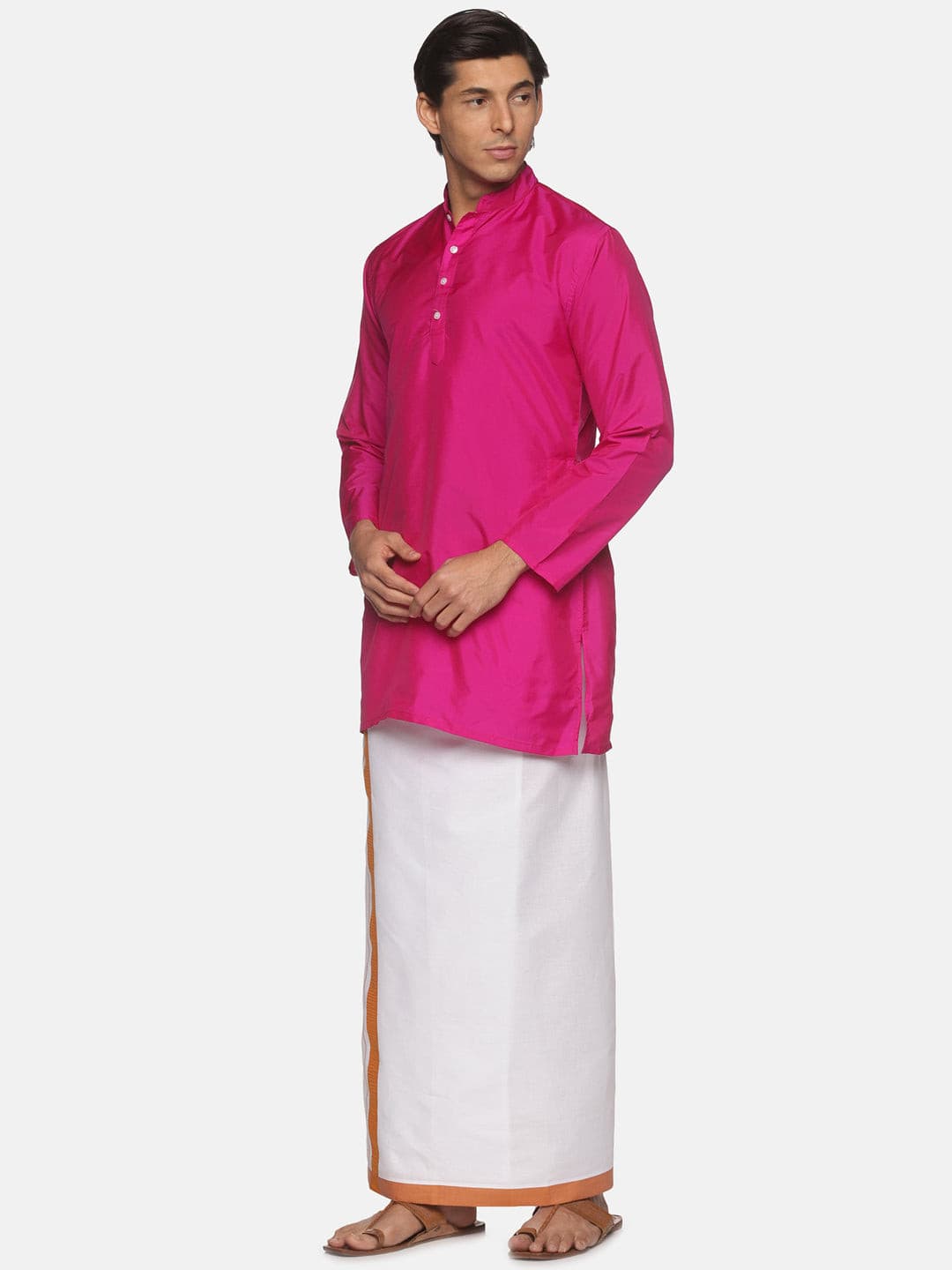 Men Magenta Colour Polyester Kurta Dhoti  Set