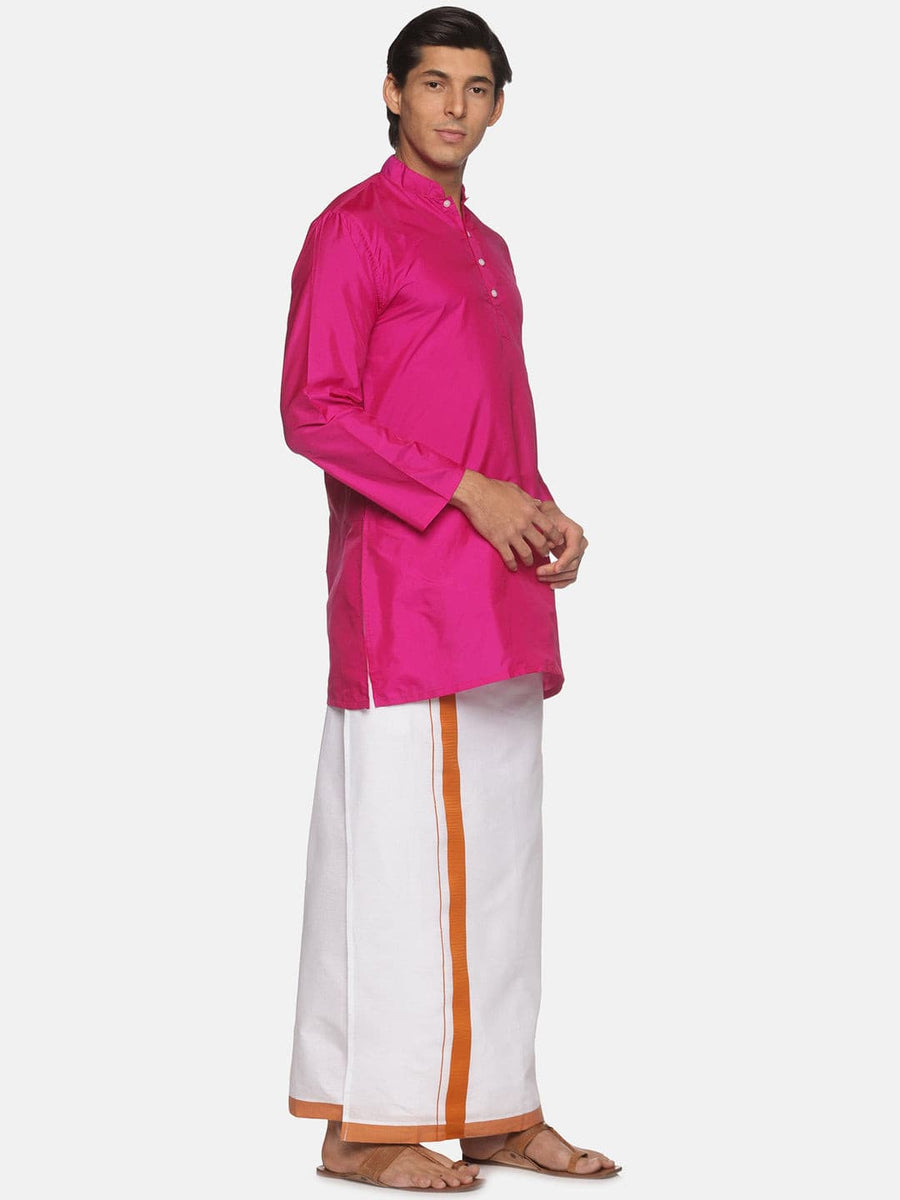 Men Magenta Colour Polyester Kurta Dhoti  Set