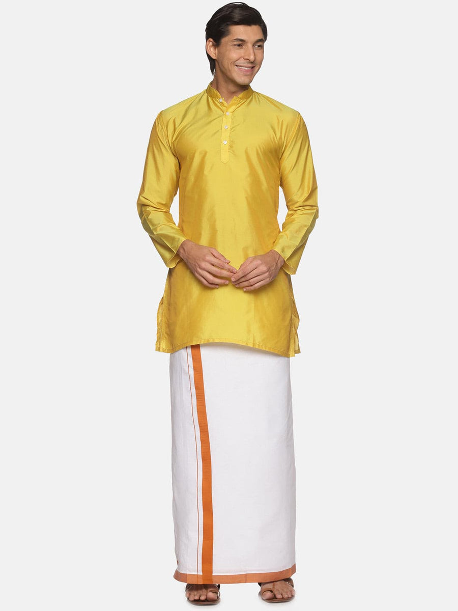 Men Yellow Colour Polyester Kurta Dhoti  Set