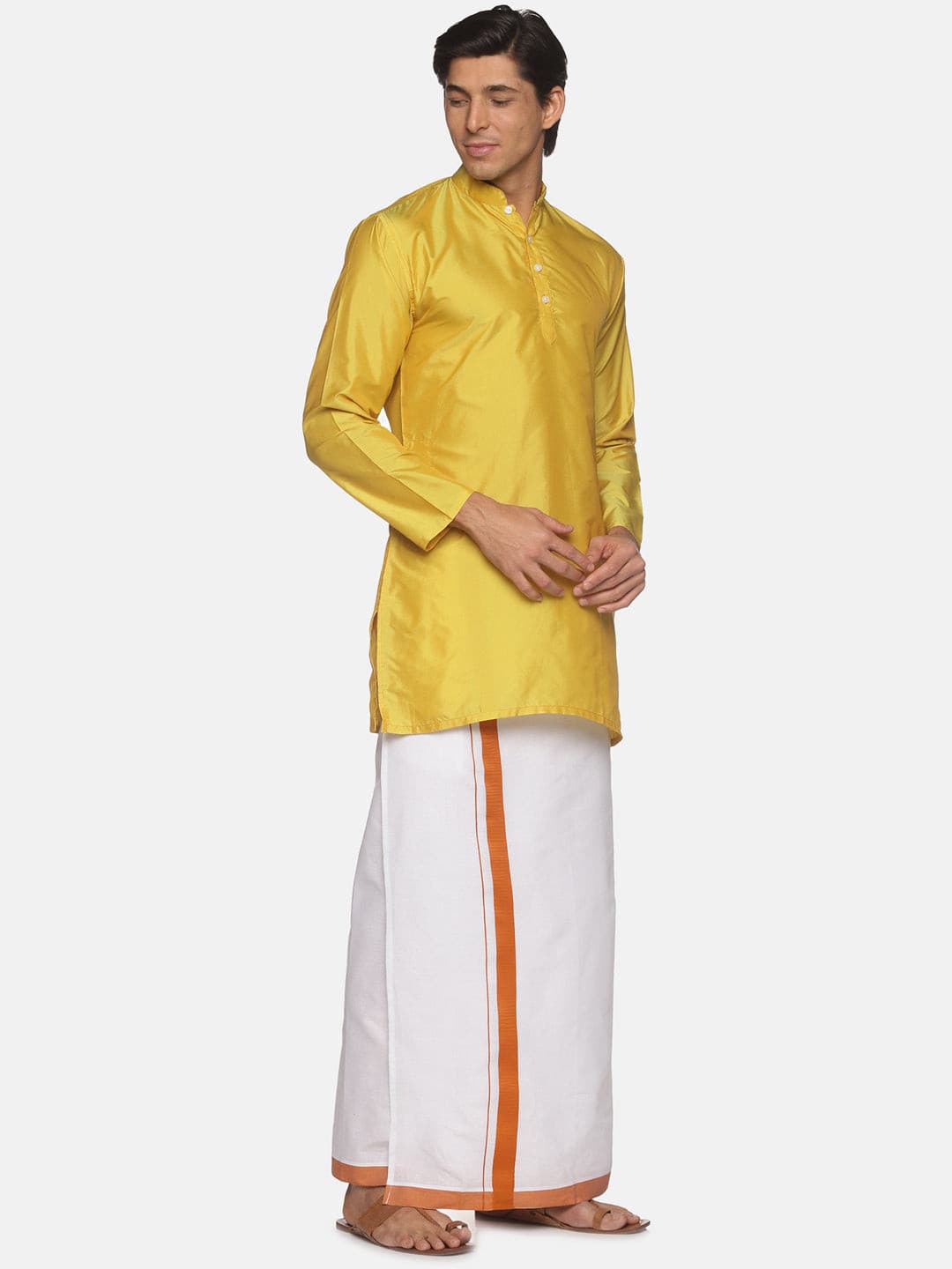 Men Yellow Colour Polyester Kurta Dhoti  Set