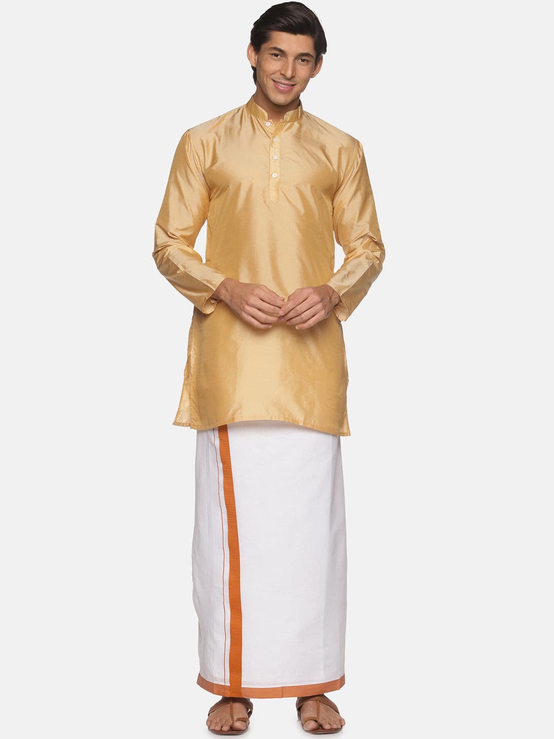 Men Biscuit Colour Polyester Kurta Dhoti Set