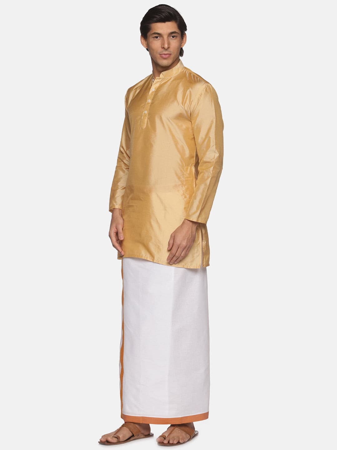 Men Biscuit Colour Polyester Kurta Dhoti Set
