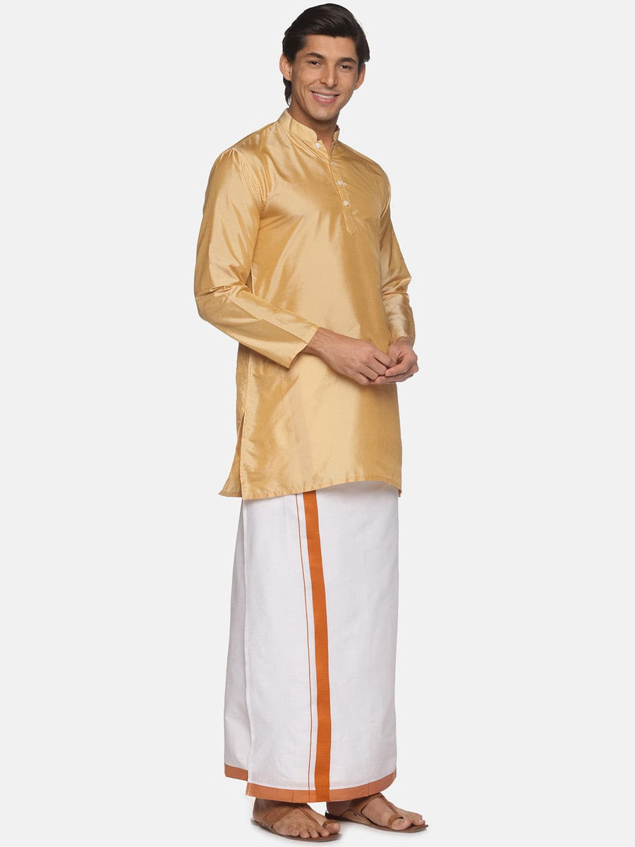 Men Biscuit Colour Polyester Kurta Dhoti Set