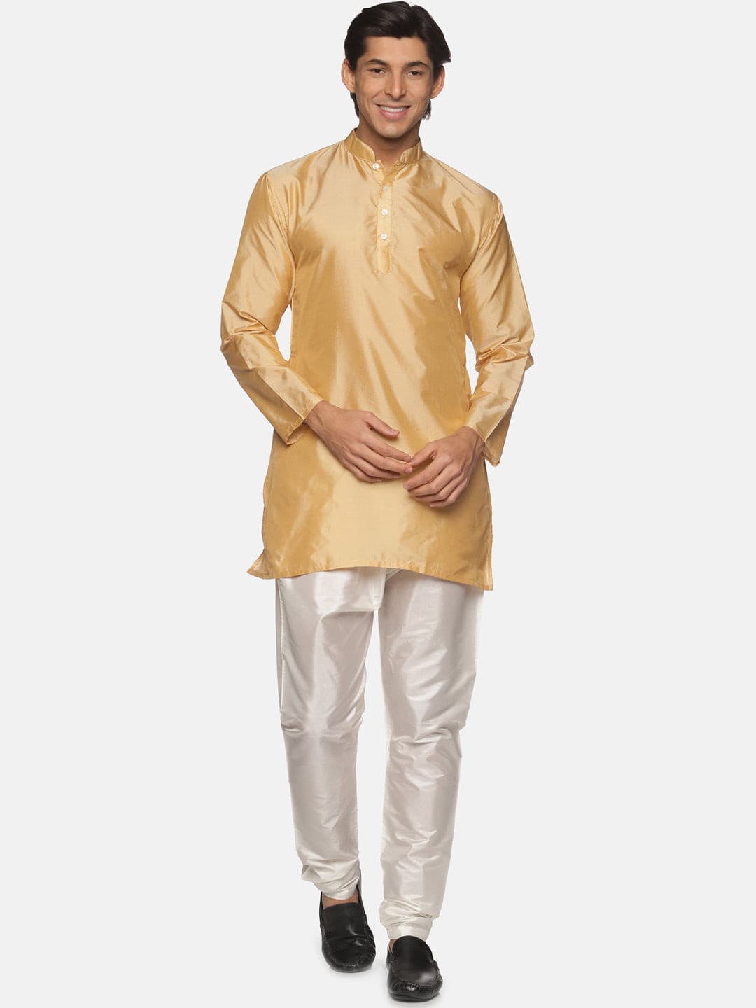 Men Biscuit Colour Polyester Kurta Pyjama Set