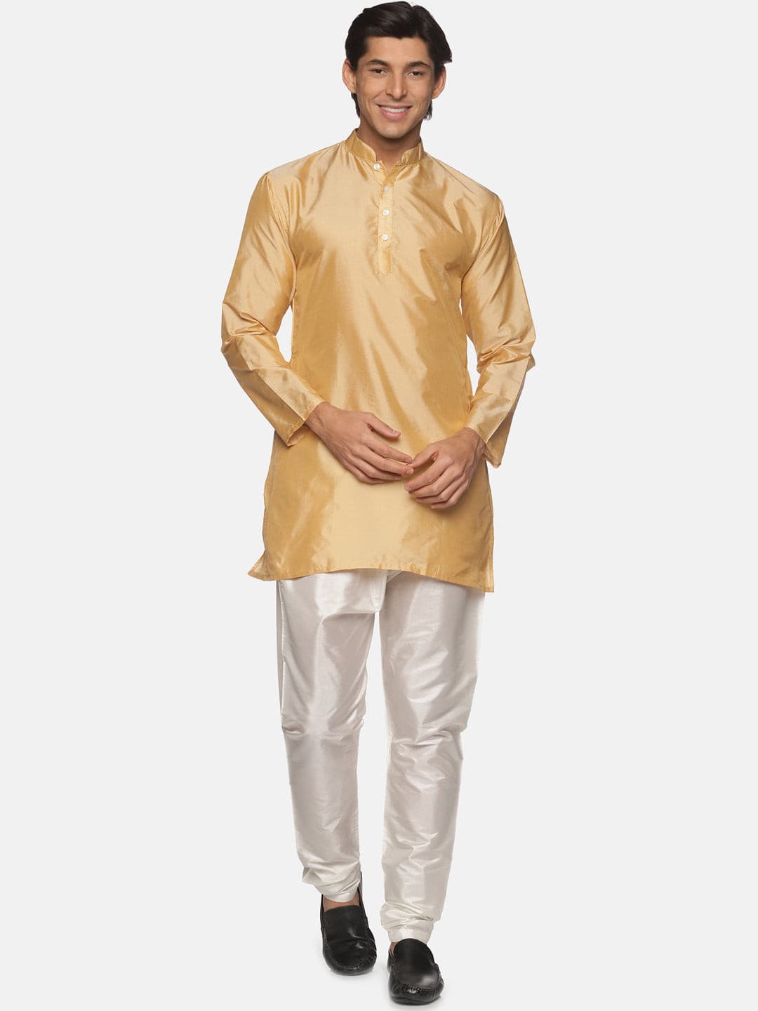 Men Biscuit Colour Polyester Kurta Pyjama Set