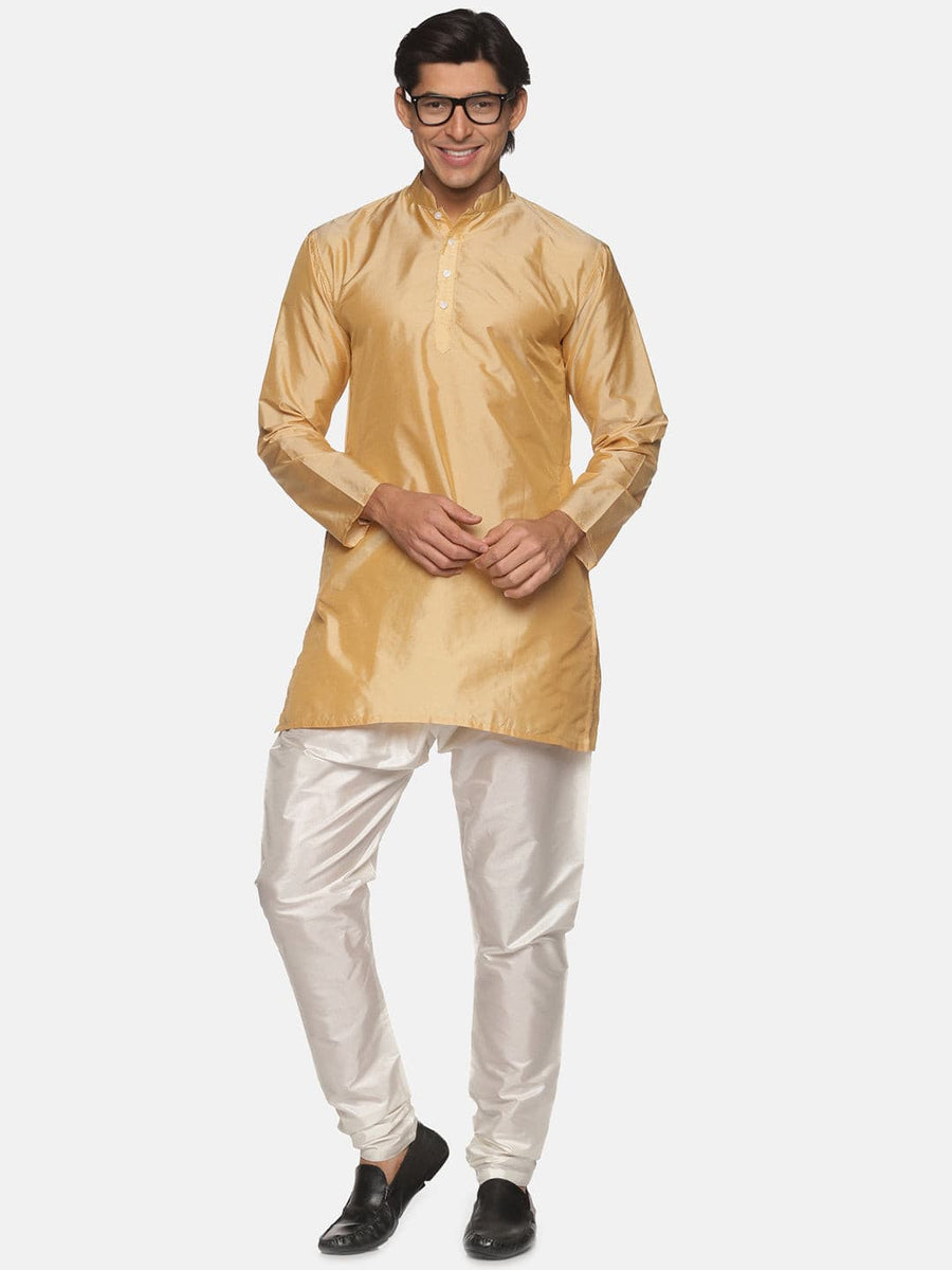 Men Biscuit Colour Polyester Kurta Pyjama Set