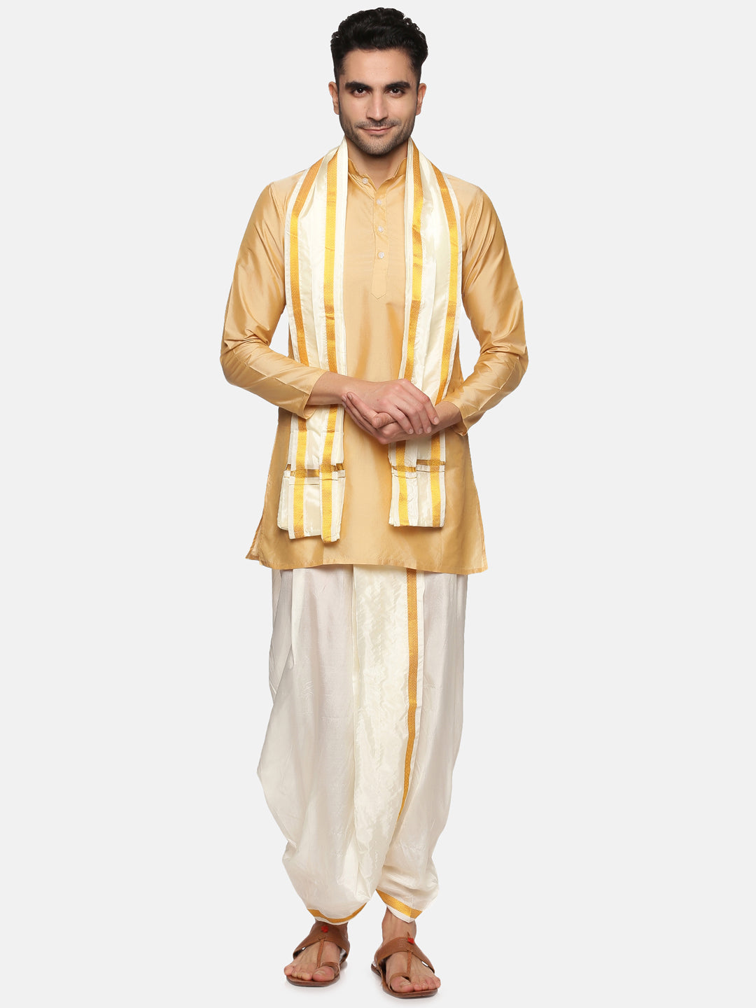 Men Biscuit Colour Polyester Kurta Dhoti Pant Set