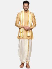 Men Biscuit Colour Polyester Kurta Dhoti Pant Set