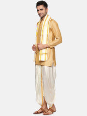 Men Biscuit Colour Polyester Kurta Dhoti Pant Set