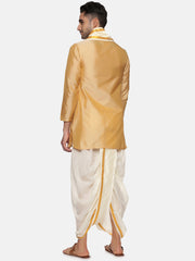 Men Biscuit Colour Polyester Kurta Dhoti Pant Set
