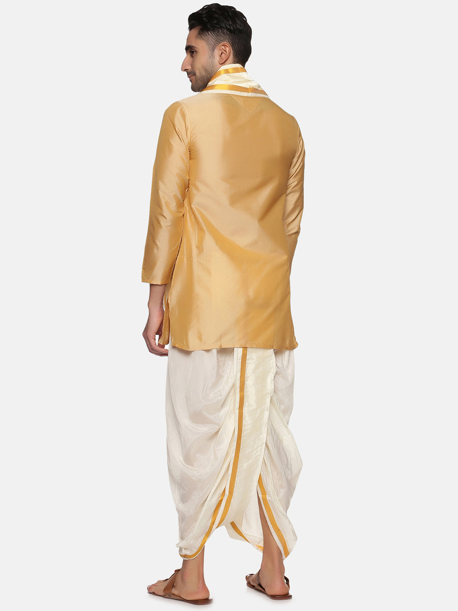 Men Biscuit Colour Polyester Kurta Dhoti Pant Set
