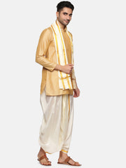 Men Biscuit Colour Polyester Kurta Dhoti Pant Set