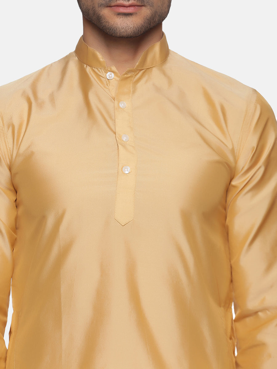 Men Biscuit Colour Polyester Kurta Dhoti Pant Set