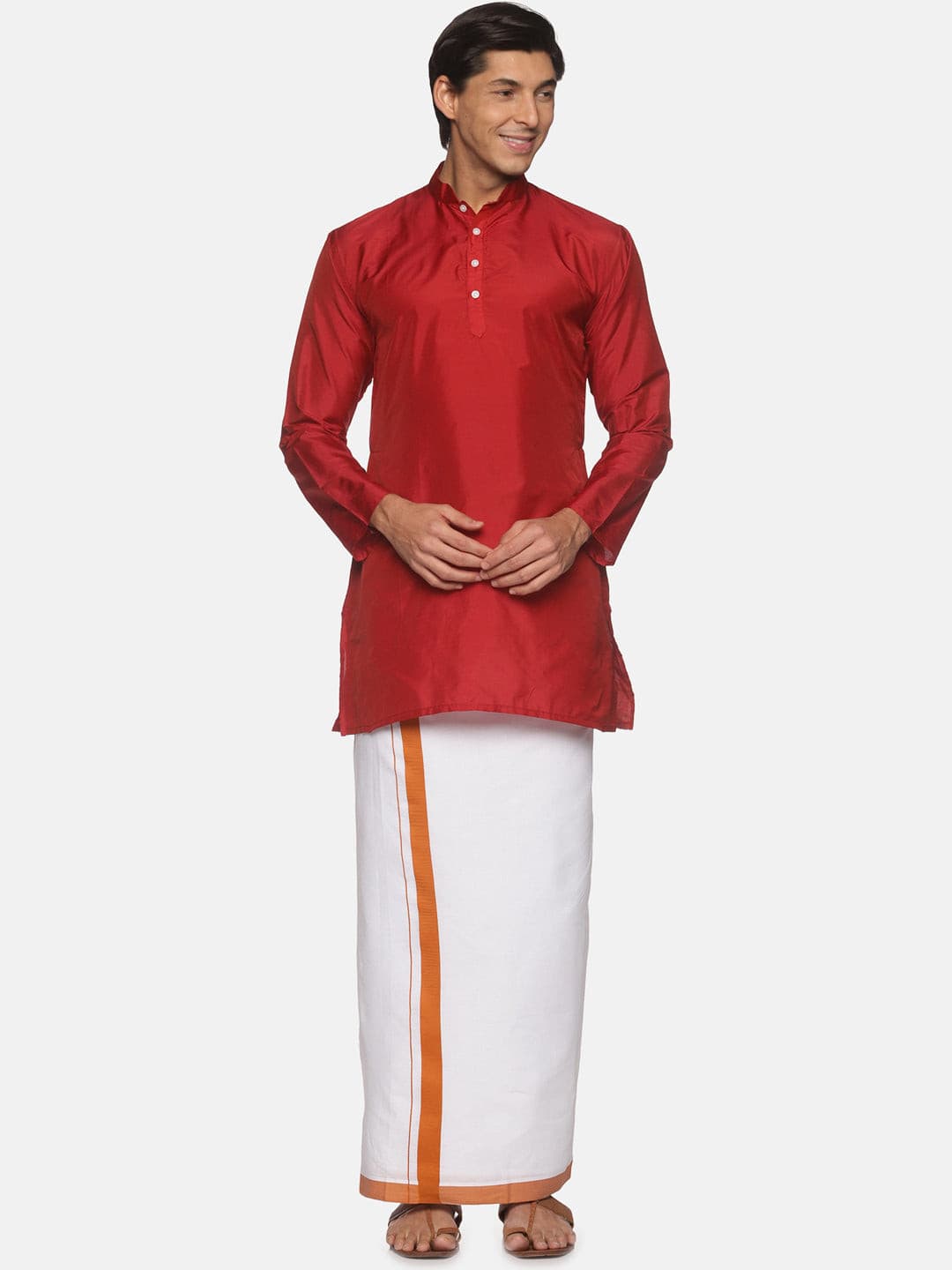 Men Maroon Colour Polyester Kurta Dhoti  Set