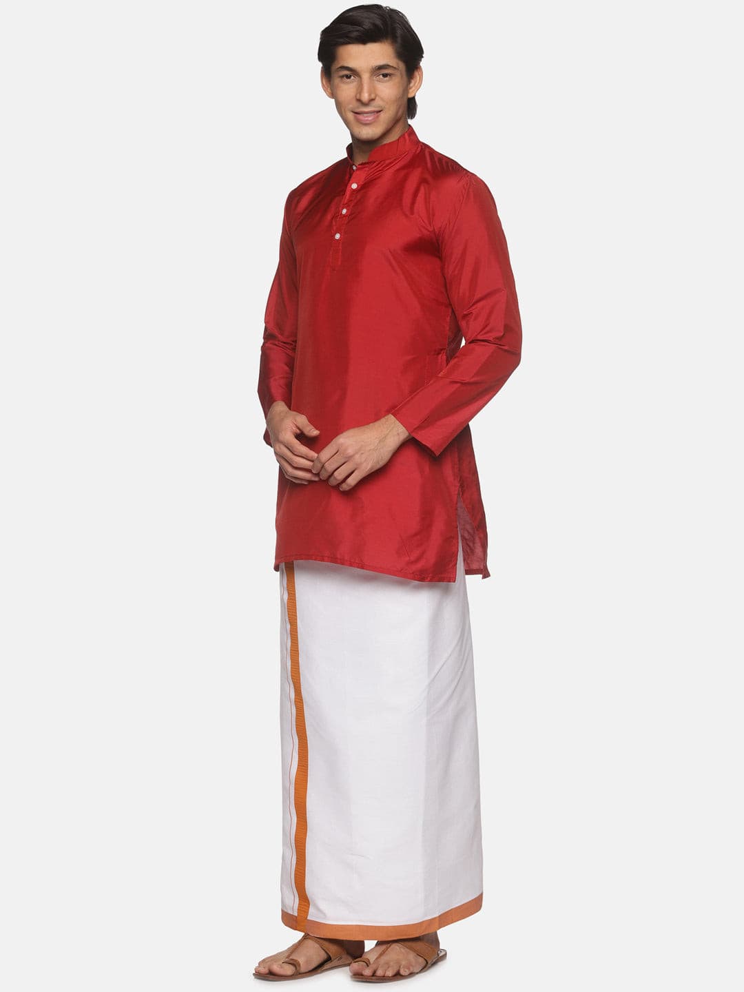 Men Maroon Colour Polyester Kurta Dhoti  Set