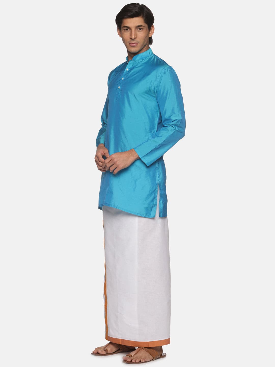 Men Blue Colour Polyester Kurta Dhoti  Set