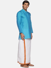 Men Blue Colour Polyester Kurta Dhoti  Set