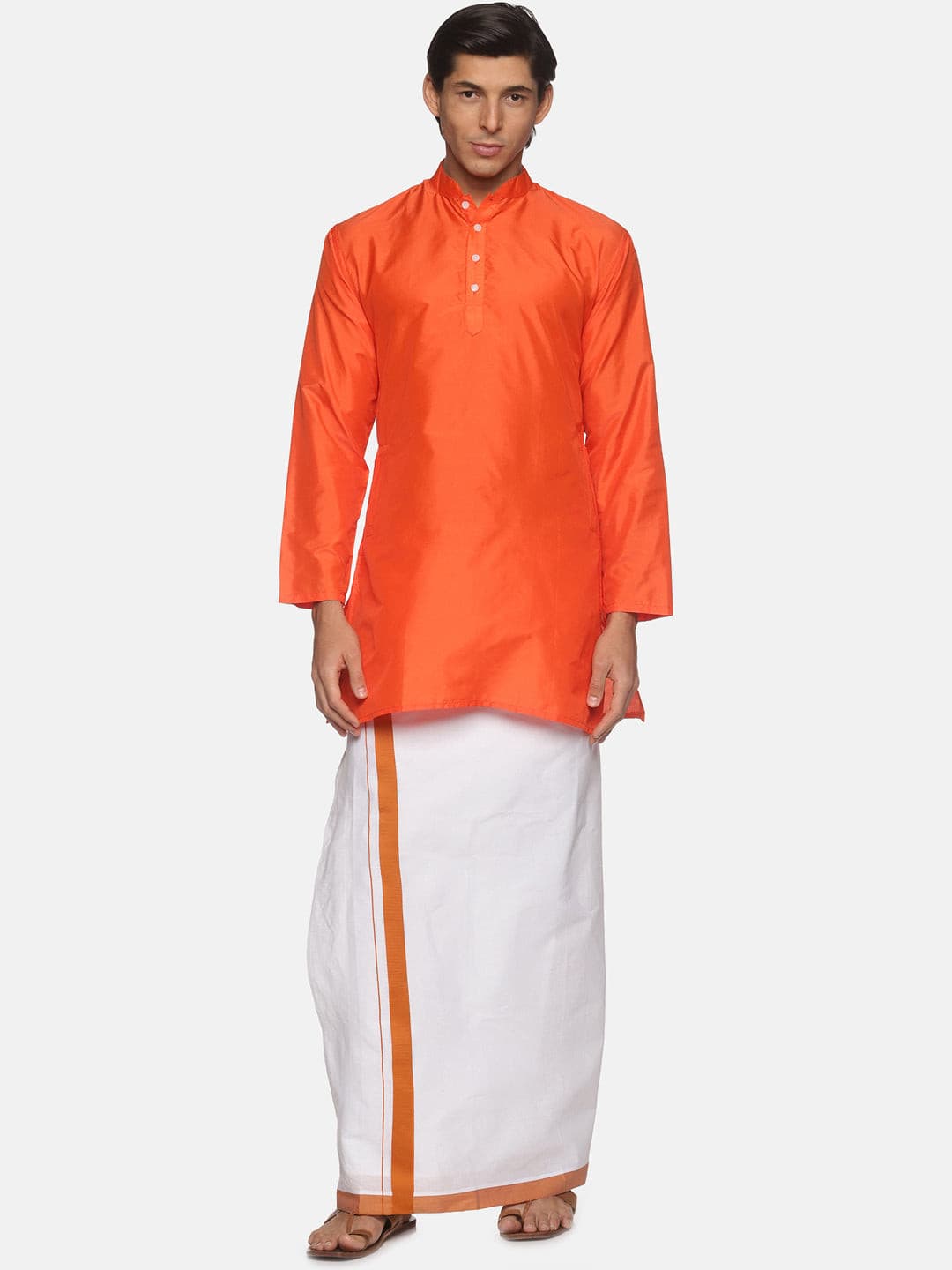 Men Orange Colour Polyester Kurta Dhoti  Set