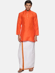 Men Orange Colour Polyester Kurta Dhoti  Set