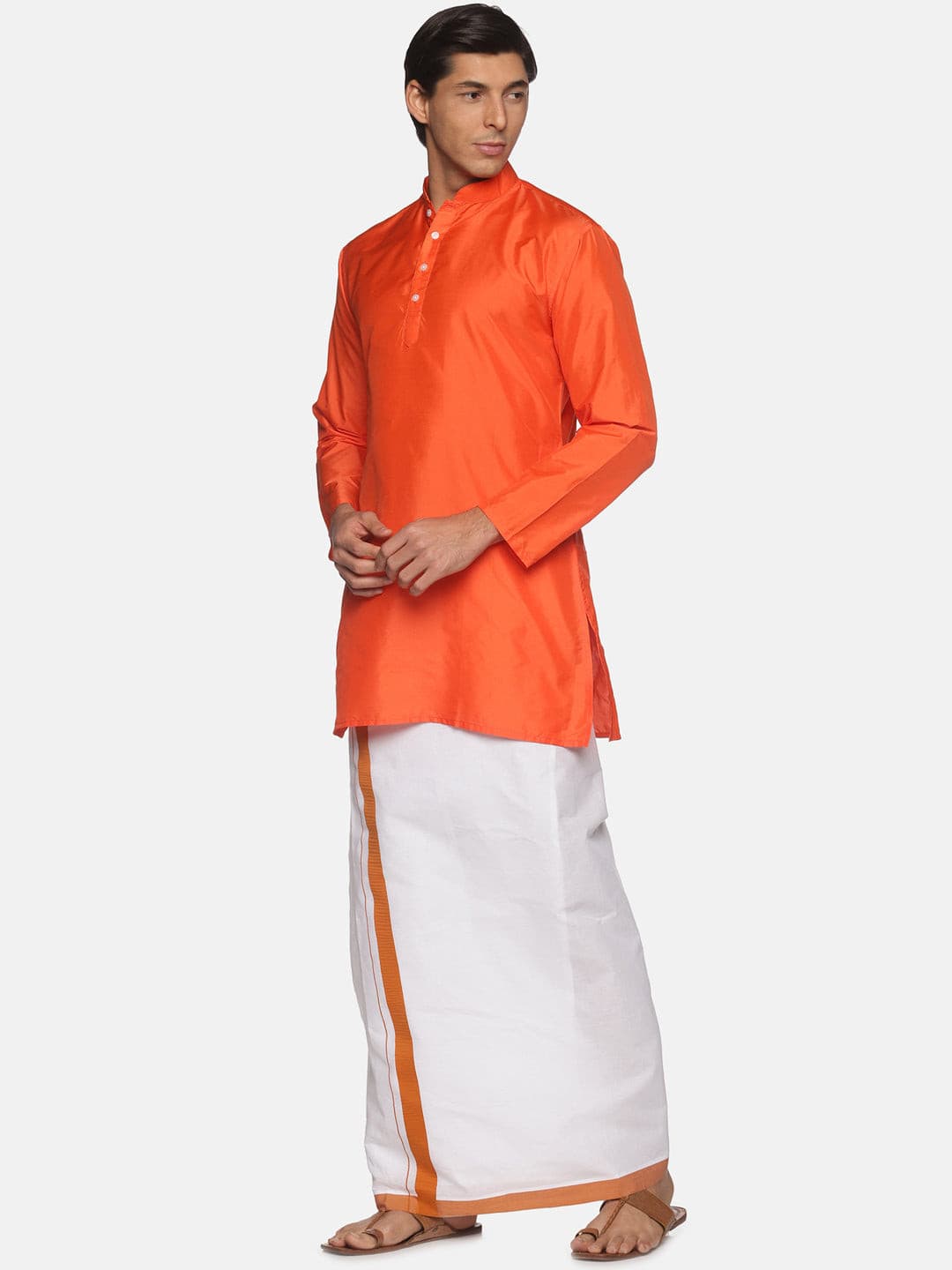 Men Orange Colour Polyester Kurta Dhoti  Set.