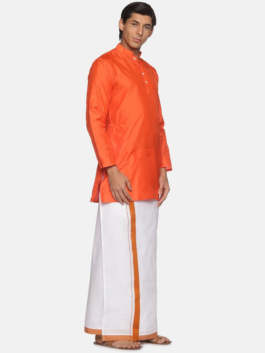 Men Orange Colour Polyester Kurta Dhoti  Set.